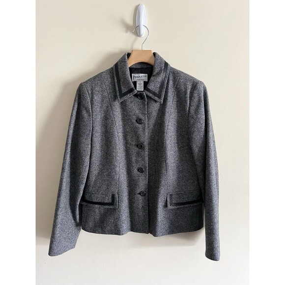 Vintage Pendleton Gray Tweed Wool Silk Leather Blazer Jacket Plus Size 10 Womens - Picture 1 of 3